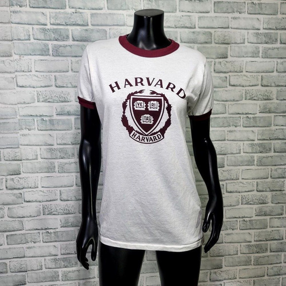 Vintage 80s Champion Size M Harvard University Single Stitch Ringer Short Sleeve - Picture 1 of 8